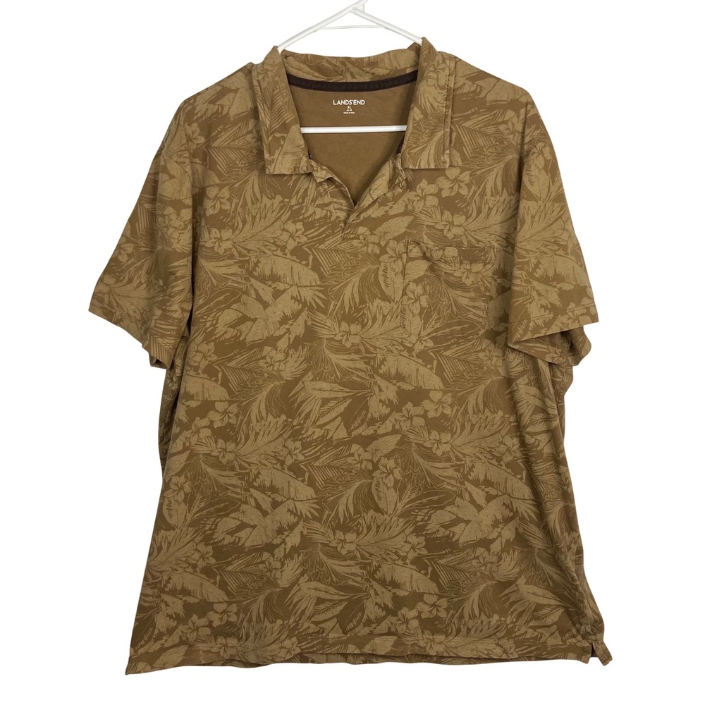Lands End Mens XL‎ Brown Tropical Floral Palm Polo Shirt Cotton Short Sleeve